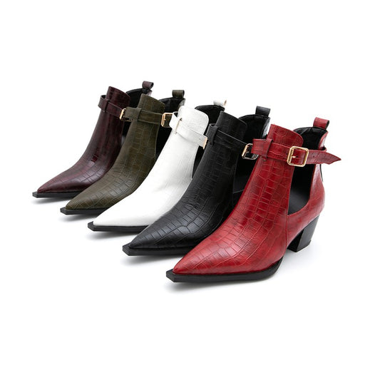 Crocodile Pattern Pointed Toe Buckle Straps Block Chunky Heel Short Boots for Women