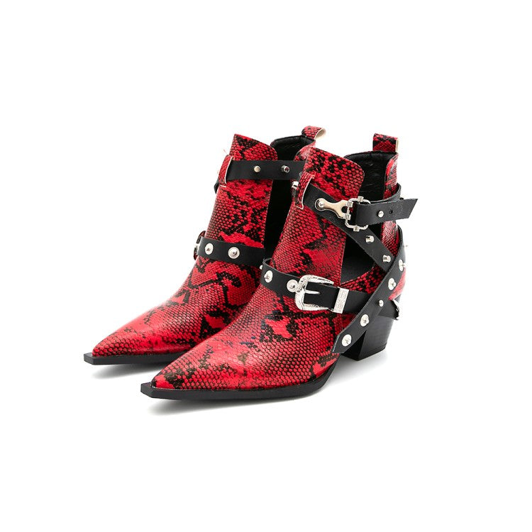 Snake-printed Pointed Toe Rivets Buckle Straps Block Chunky Heel Short Boots for Women