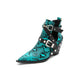 Snake-printed Pointed Toe Rivets Buckle Straps Block Chunky Heel Short Boots for Women