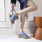 Women Denim Peep Toe Chunky Heel Platform Sandals