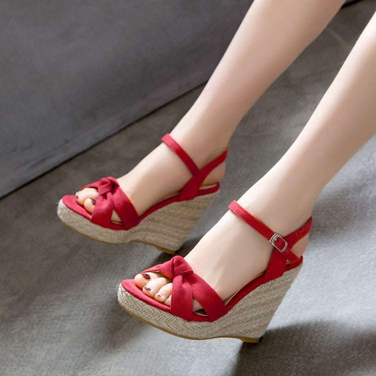 Ladies Suede Knot Ankle Strap Woven Wedge Heel Platform Sandals