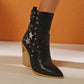 Women Crocodile Pattern Pointed Toe Stars Rivets Block Chunky Heel Short Boots