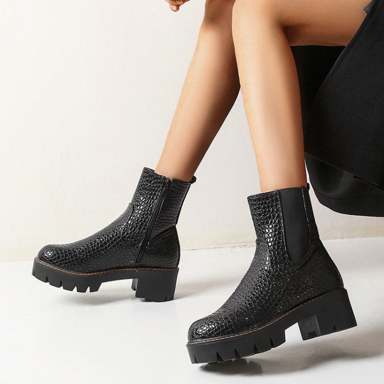 Women Crocodile Pattern Side Zippers Platform Short Boots