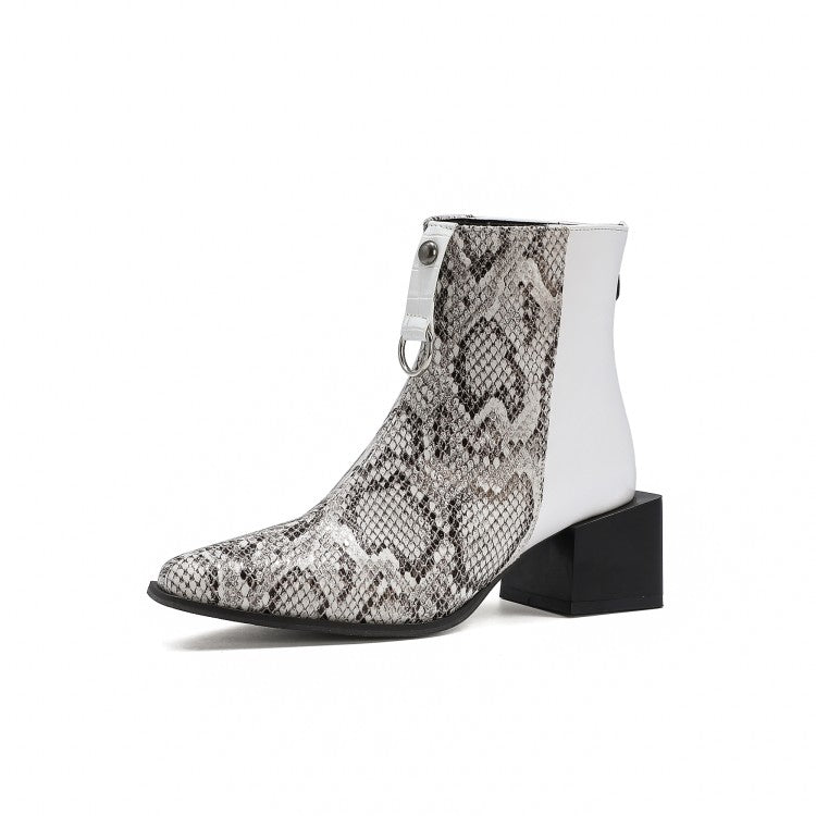 Women Bicolor Snake Printed Pointed Toe Block Chunky Heel Short Boots