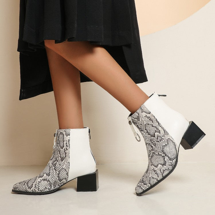 Women Bicolor Snake Printed Pointed Toe Block Chunky Heel Short Boots