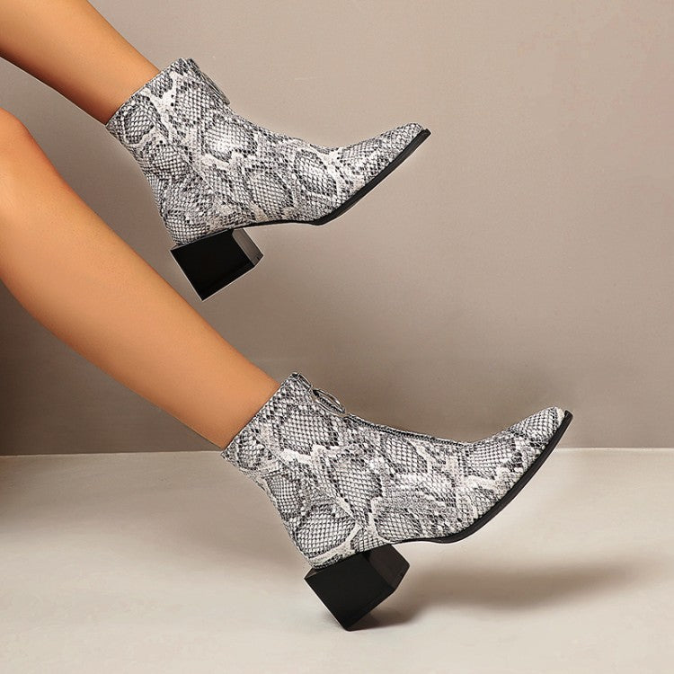 Women Snake Printed Pu Leather Zippers Pointed Toe Block Chunky Heel Short Boots