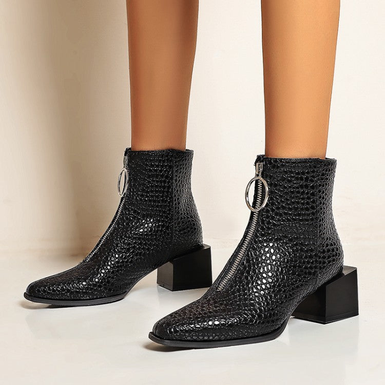 Women Snake Printed Pu Leather Zippers Pointed Toe Block Chunky Heel Short Boots