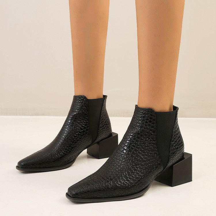 Women Snake Printed Elastic Band Block Heel Short Boots