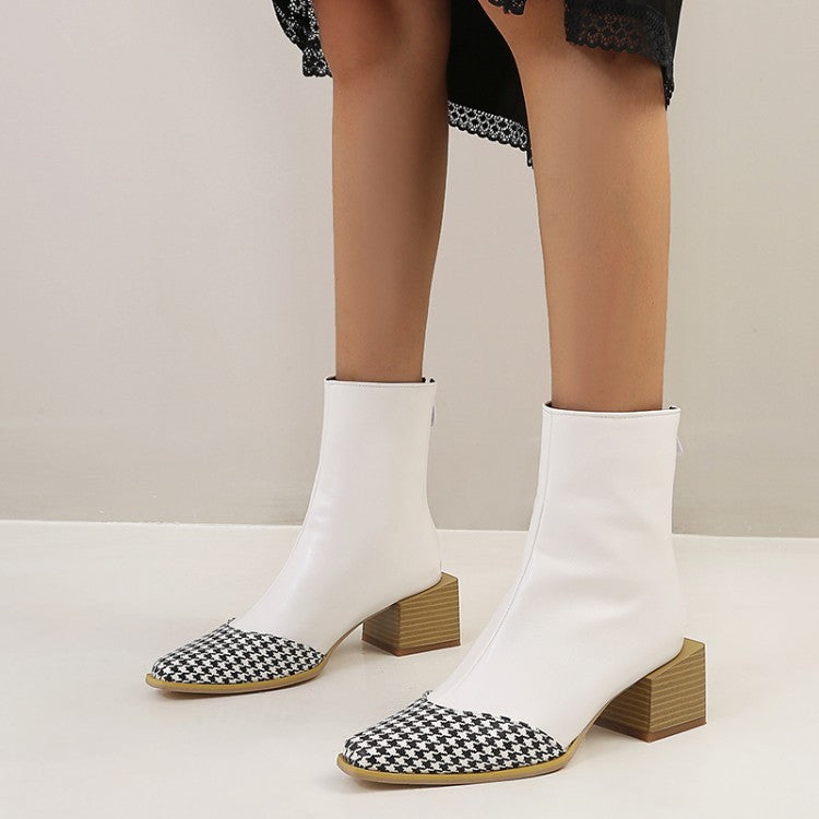 Women Pu Leather Lattice Patchwork Block Heel Short Boots