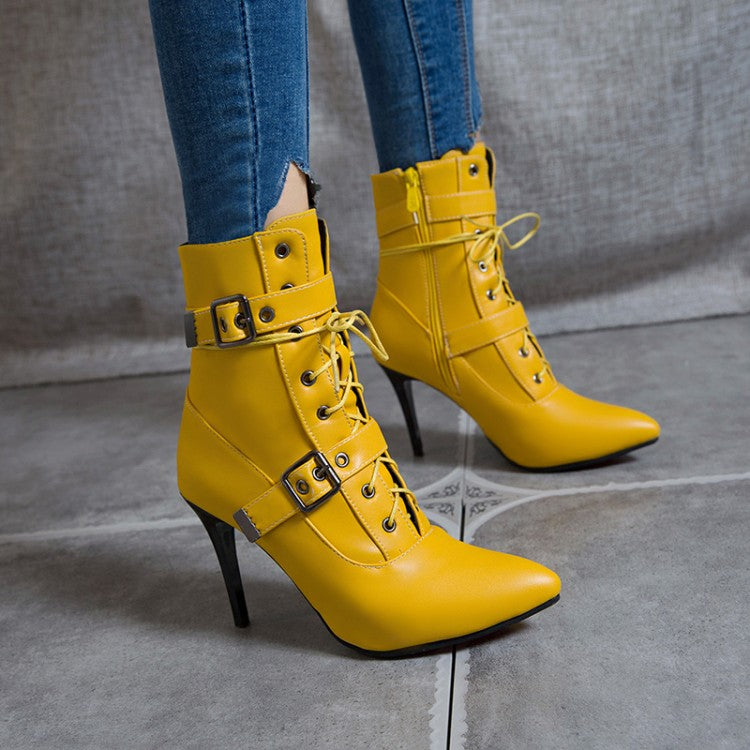 Pointed Toe Buckle Lace Up Women High Heel Short Boots