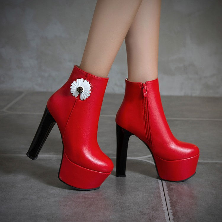 Women Flower Platform High Heel Short Boots