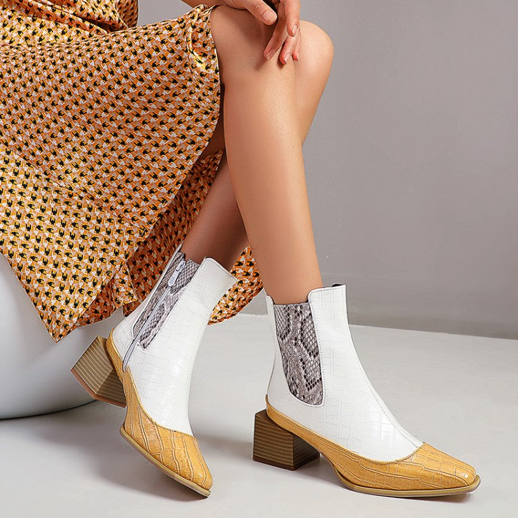 Women Pattern Pu Leather Patchwork Pointed Toe Block Heel Short Boots