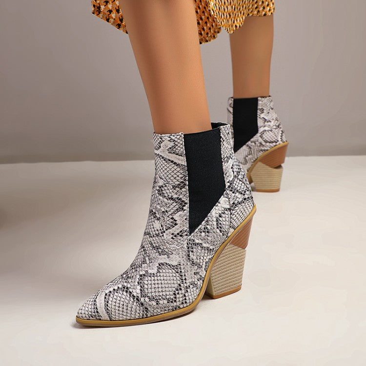 Women Snake Crocodile Pattern Pointed Toe Elastic Band Block Heel Short Boots