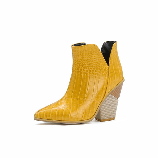 Women Crocodile Pattern Pointed Toe Chunky Heel Short Boots