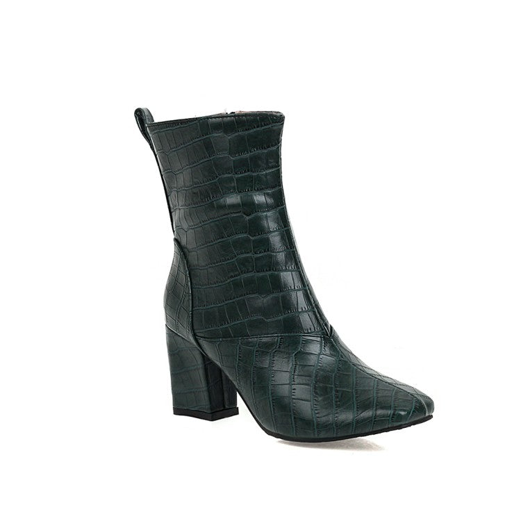 Women Pu Leather Crocodile Pattern Side Zippers Block Heel Short Boots
