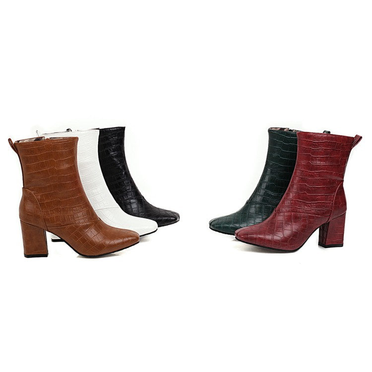 Women Pu Leather Crocodile Pattern Side Zippers Block Heel Short Boots