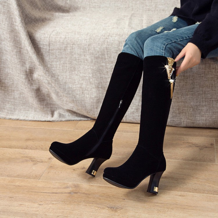Flock Rhinestone Tassel Spool Heel Platform Knee High Boots for Women