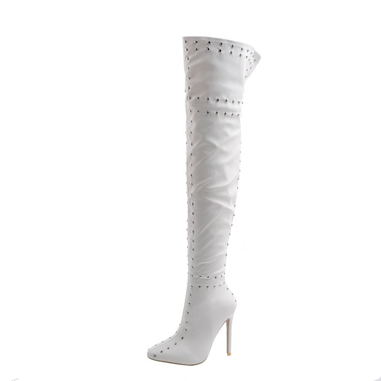 Women Pointed Toe Rivets Patchwork Stiletto Heel Over the Knee Boots