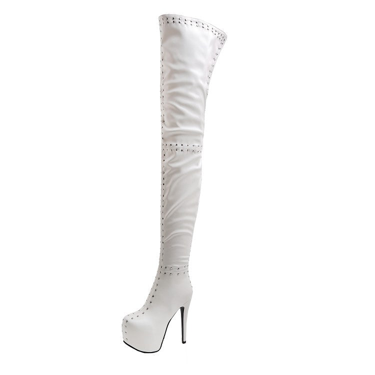 Women Pu Leather Round Toe Rivets Patchwork Stiletto Heel Platform Over the Knee Boots