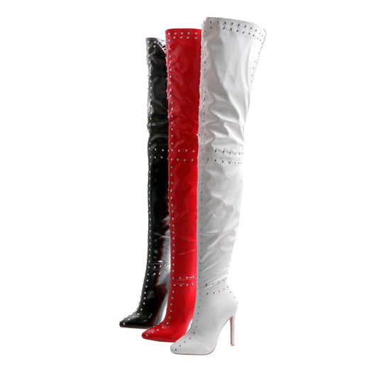 Women Pu Leather Pointed Toe Rivets Patchwork Side Zippers Over the Knee Stiletto Heel Tall Boots