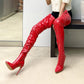 Women Pu Leather Pointed Toe Rivets Patchwork Side Zippers Over the Knee Stiletto Heel Tall Boots