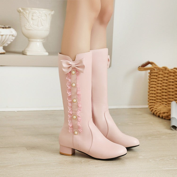 Women Pearl Lace Low Heels Knee High Boots