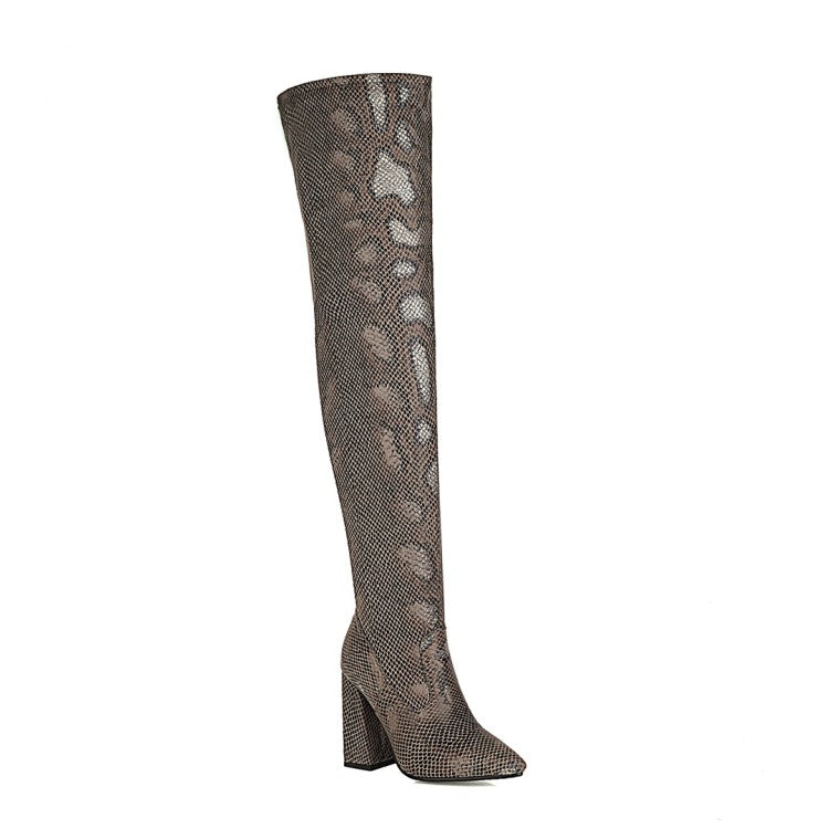 Women Snake Pattern Pointed Toe Side Zippers Block Heel Over the Knee High Boots