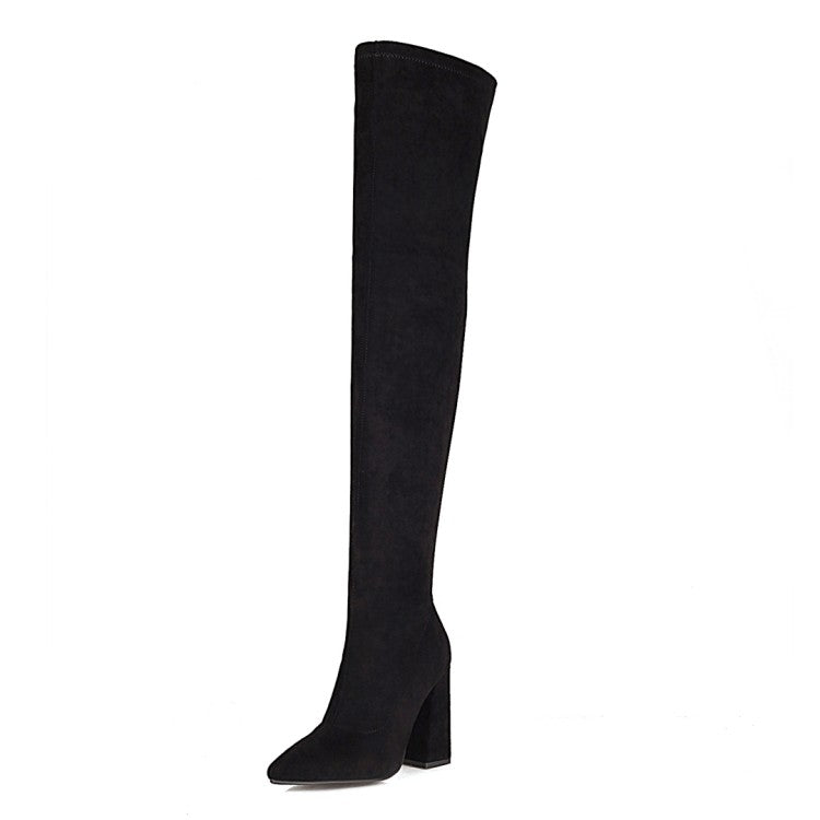 Women Pointed Toe Side Zippers Over the Knee Block Heel High Boots
