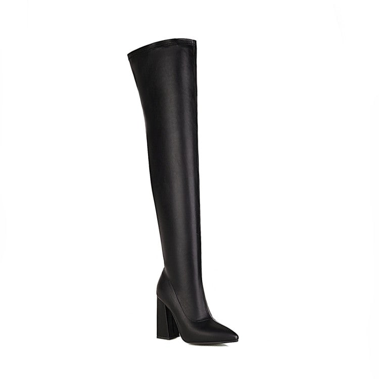 Women Pointed Toe Side Zippers Over the Knee Block Heel High Boots