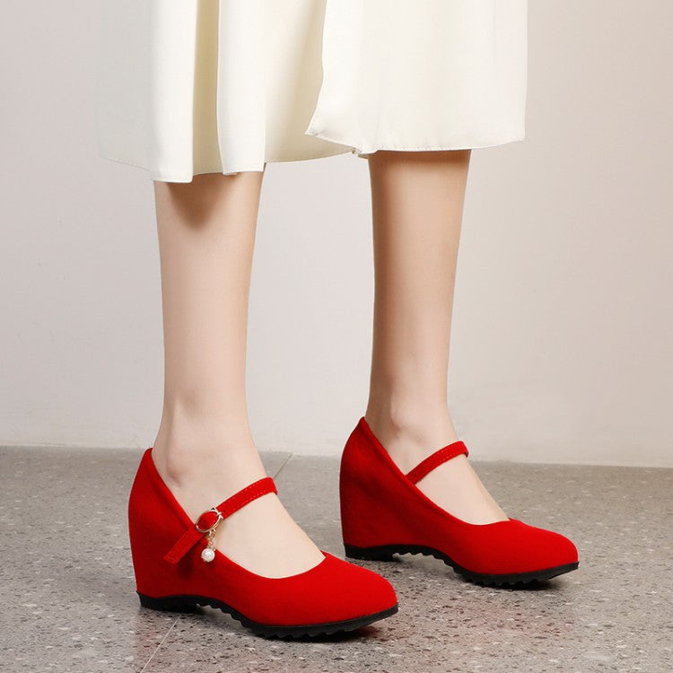 Women Mary Jane Velvet Platform Wedge Heels Shoes