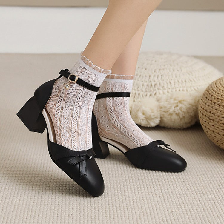 Women Round Toe Butterfly Knot Hollow Out Block Heel Sandals