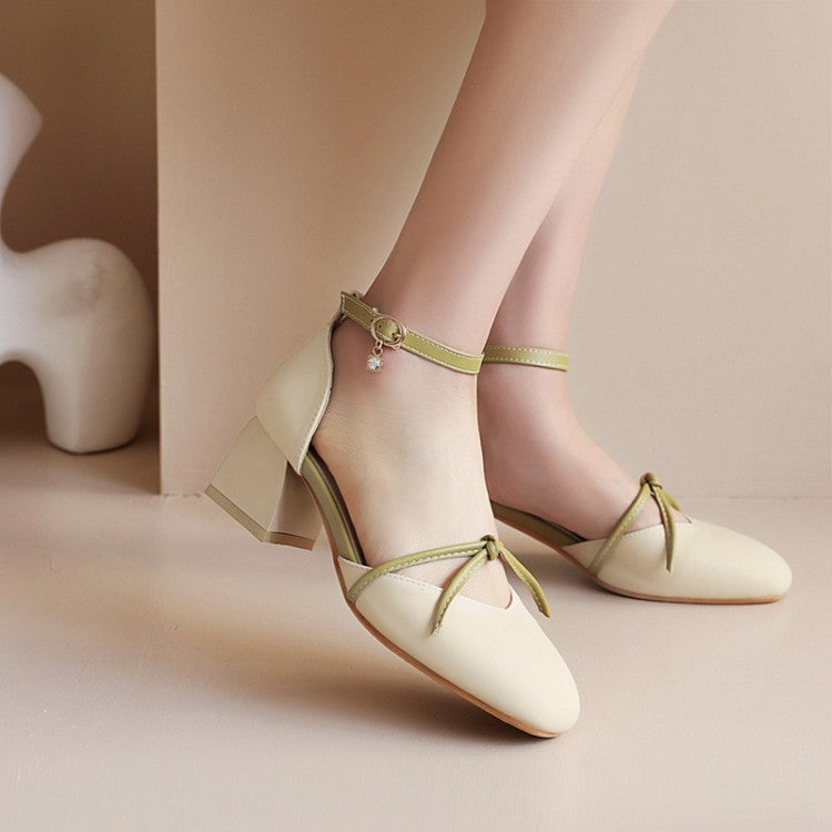 Women Solid Color Knot Ankle Strap Block Heel Sandals