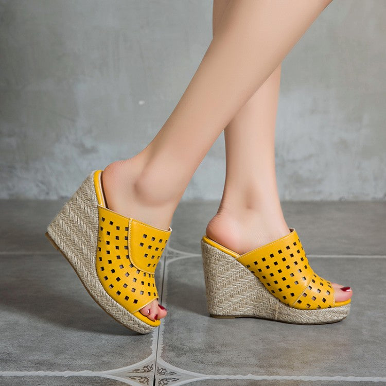 Ladies Solid Color Hollow Out Woven Wedge Heel Platform Sandals