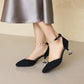 Women Pointed Toe Hollow Out Metal Pearls Chains Ankle Strap Spool Heel Sandals