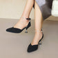 Women Pointed Toe Hollow Out Metal Pearls Chains Ankle Strap Spool Heel Sandals