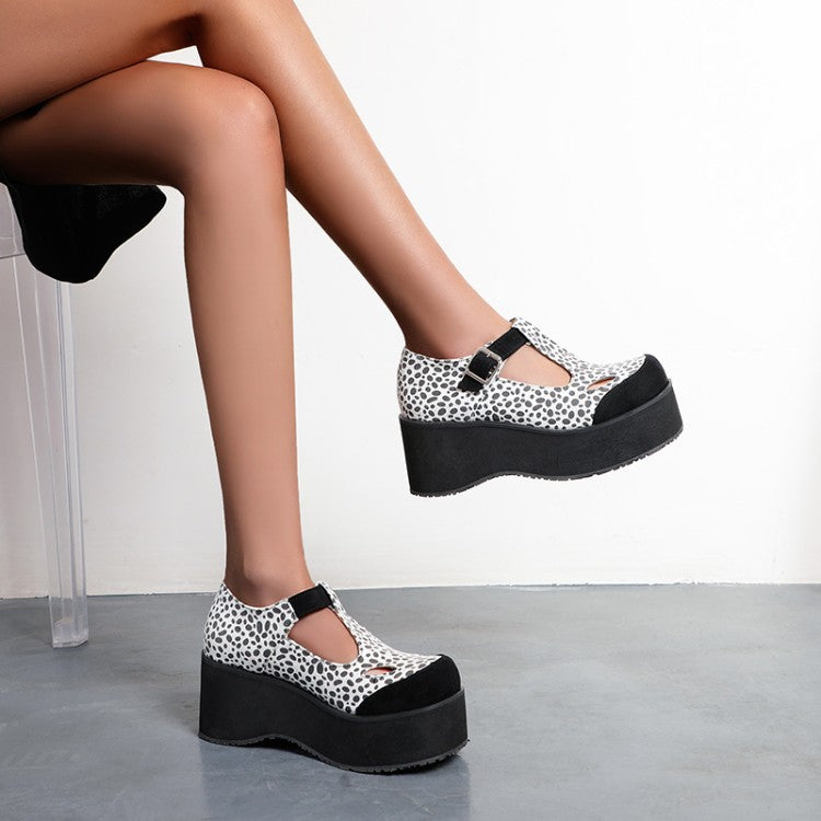 Women T Strap Printed Platform Wedge Heels Shoes