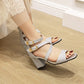 Women Sparkling Square Toe Chunky Heel Cross Ankle Strap Buckle Sandals