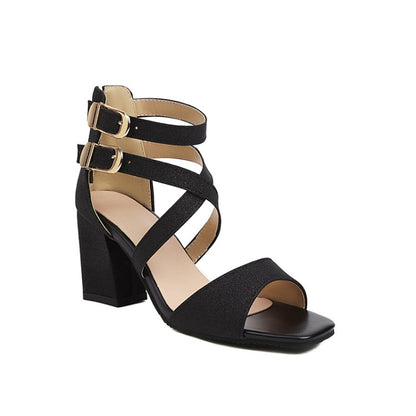 Women Sparkling Square Toe Chunky Heel Cross Ankle Strap Buckle Sandals
