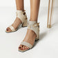 Women Sparkling Square Toe Ankle Wrap Chunky Heel Buckle Sandals