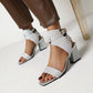 Women Sparkling Square Toe Ankle Wrap Chunky Heel Buckle Sandals