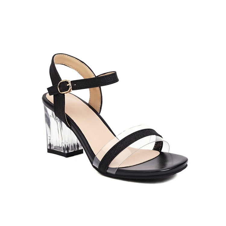 Women Ankle Strap Buckle Transparent Crystal Chunky Heel Sandals