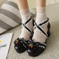 Women Lolita Closed Toe Lace Butterfly Knot Block Heel Sandals