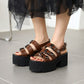Women Denim Round Toe Buckle Thick Sole Chunky Heel Platform Sandals