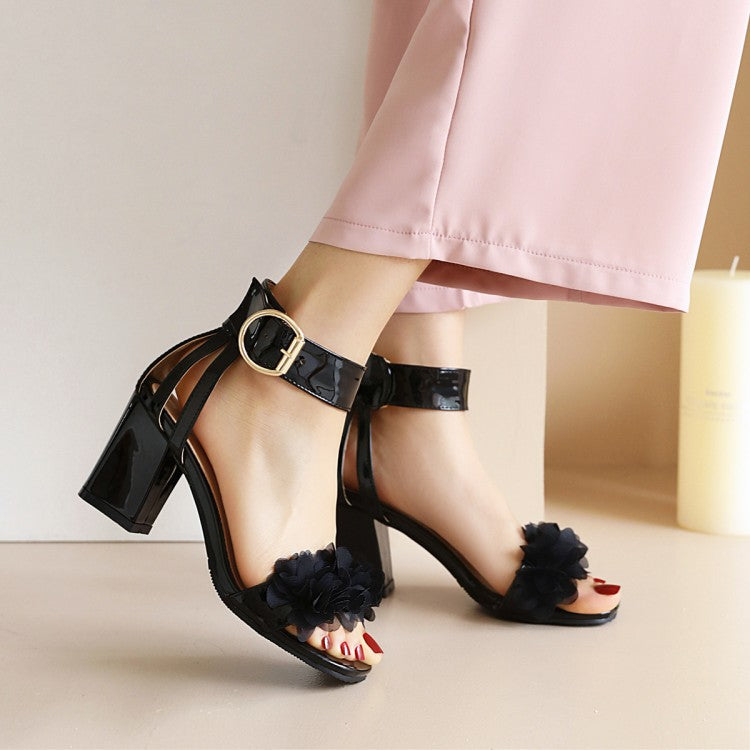 Women Lace Flora Chunky Heel Ankle Strap Buckle Sandals