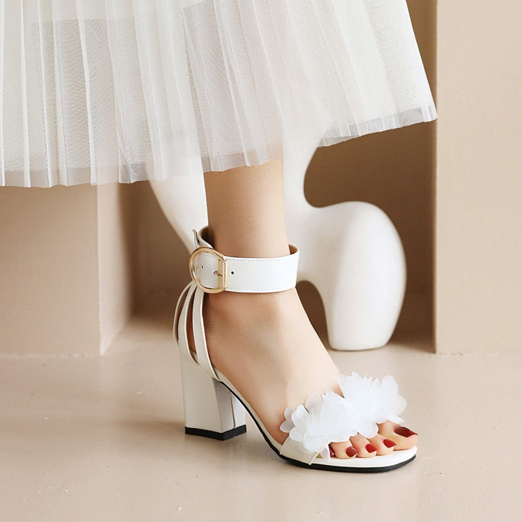 Women Lace Flora Chunky Heel Ankle Strap Buckle Sandals