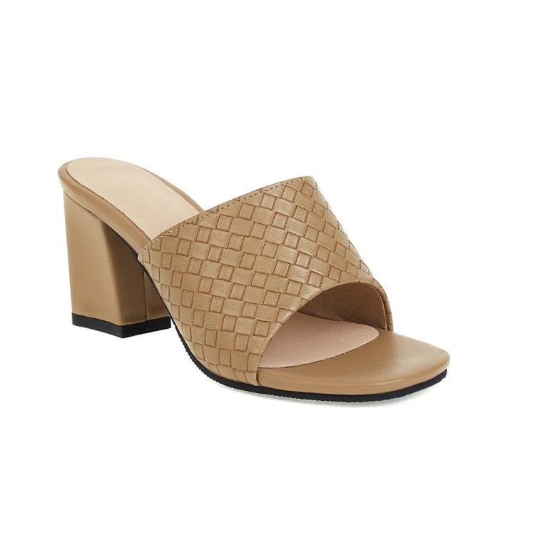 Women Round Toe Chunky Heel Woven Solid Color Sandals