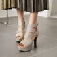 Women Sparkling Peep Toe Ankle Wrap Metal Buckle Platform Chunky Heel Sandals