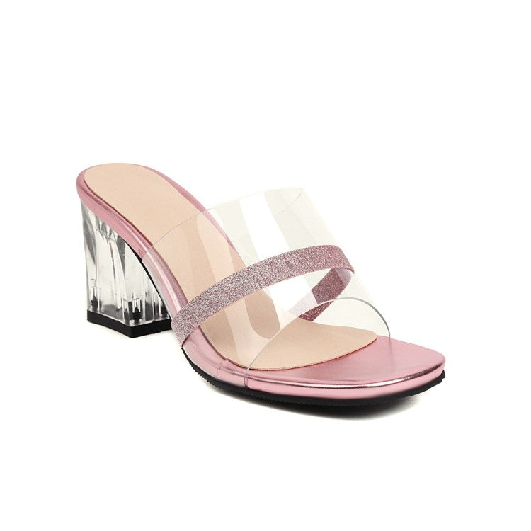 Women Round Toe Crystal Chunky Heel Tied Strap Sandals
