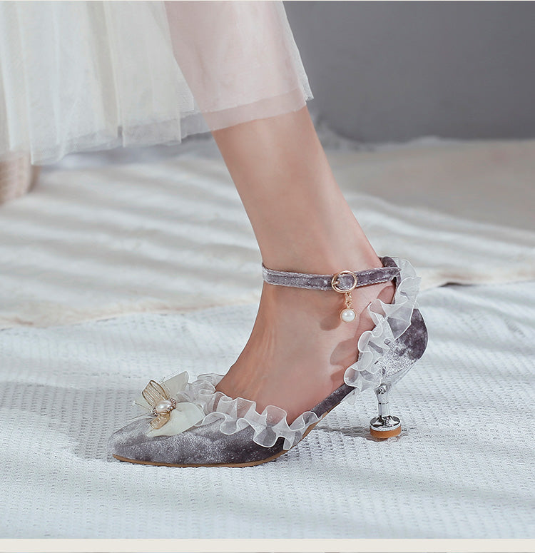 Women High Heels Lolita Lace Pointed Toe Butterfly Knot Pearls Stiletto Sandals