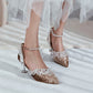Women High Heels Lolita Closed Toe Beading Lace Pointed Toe Spool Heel Stiletto Sandals